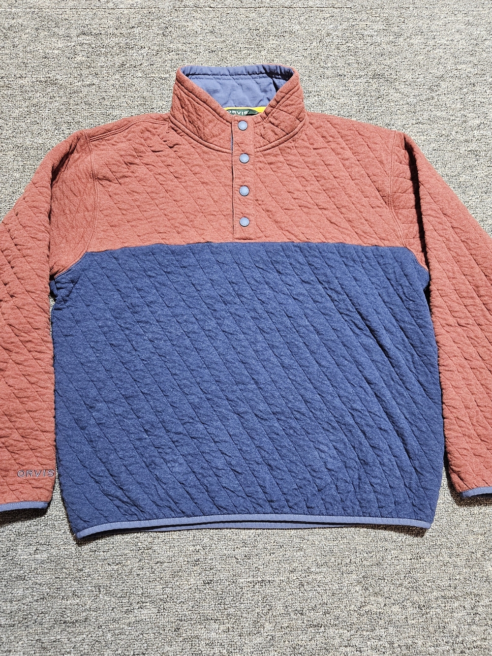 Orvis Quilted Snap Neck Pullover Sweatshirt Colorblock Orange Blue Large